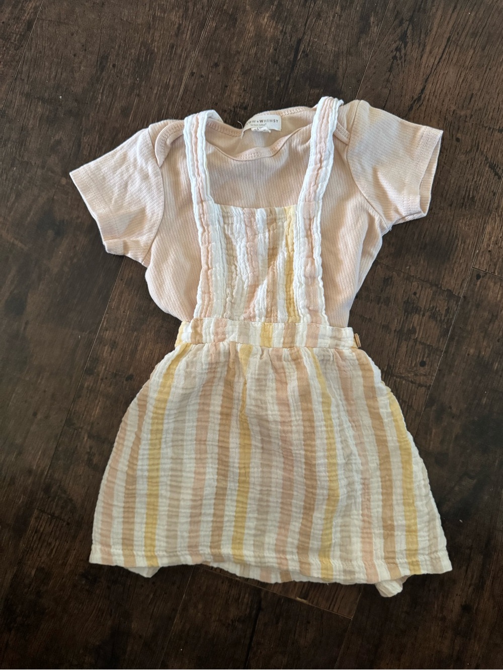Soft Pink and Yellow Striped Pinafore Dress with Pink Tee - Unknown Brand